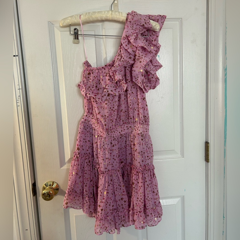 Pink Ruffle One-Shoulder Dress with Star Print